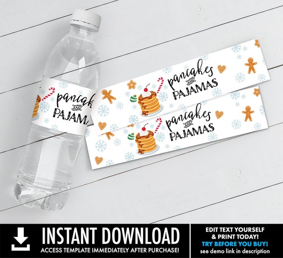 Pancakes and Pajama's Water Bottle Label, Breakfast with Santa Christmas Party Bottle Wrap | You Edit with CORJL–INSTANT Download Printable