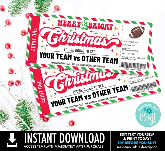 Christmas Football Ticket Gift Certificate, Football Gift Voucher,Merry & Bright | Self-Edit with CORJL-INSTANT DOWNLOAD Printable