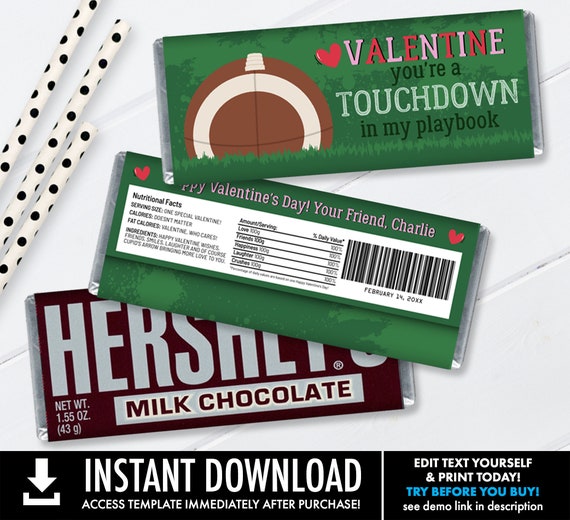 Valentine Football Candy Bar Label/Wrapper - Football Valentine,Valentine Party | Self-Edit with CORJL - INSTANT DOWNLOAD Printable Template Il_570xn