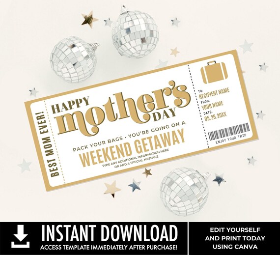 Mother's Day Surprise Weekend Getaway Gift Voucher, Trip Gift Certificate, Mom Gift Coupon | You Personalize with CANVA–INSTANT DOWNLOAD