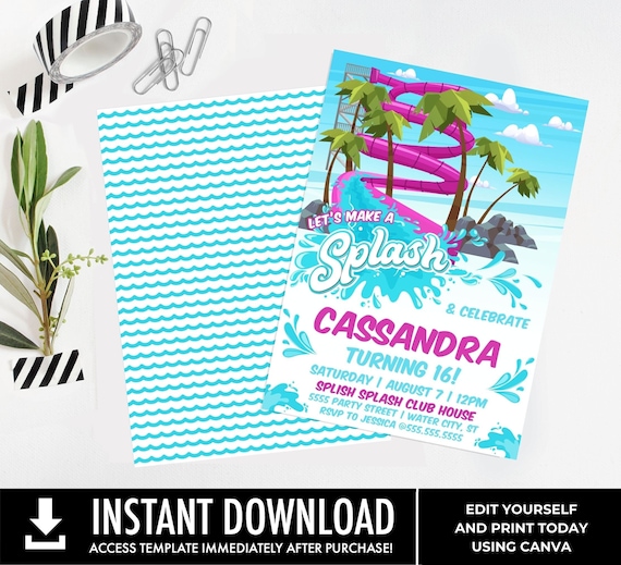 Waterslide Party Invitation - Waterpark Invite, Water Park Party, Pool Party | Edit with CANVA-INSTANT DOWNLOAD Printable Template