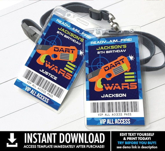 Dart Wars VIP Badge, Dart Wars Party, Dart Wars Party All Access Pass | You Personalize using CORJL - INSTANT Download Printable Template