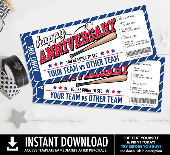 Anniversary Baseball Ticket Gift Editable Template Surprise Baseball