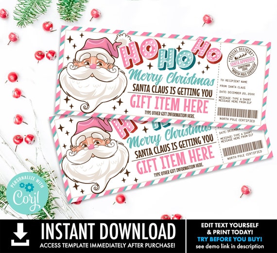 Santa Gift Certificate-Retro Santa Gift Voucher, Vintage Santa, Printable Gift Coupon | Self-Edit with CORJL-INSTANT Download Printable