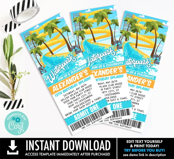 Waterpark Party Ticket Invitation - Waterslide Ticket Invite, Pool Party | You Personalize using CORJL-INSTANT DOWNLOAD Printable Template