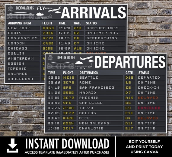 Airplane Party Poster - 36x24 Arrival & Departure TWO Sign Set, Airport Terminal Signs| Edit with CANVA - INSTANT Download Printable