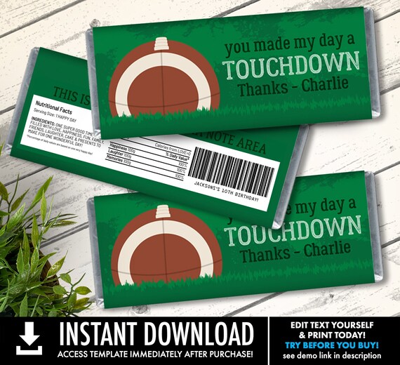 Football Candy Bar Label/Wrapper - Football Birthday, Tailgate, Bowl Party  | Self-Edit with CORJL - INSTANT DOWNLOAD Printable