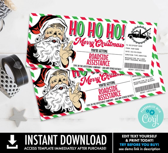 Christmas Roadside Assistance Gift Certificate, Towing Service Voucher,Retro Santa Ticket | Self-Edit with CORJL-INSTANT DOWNLOAD Printable