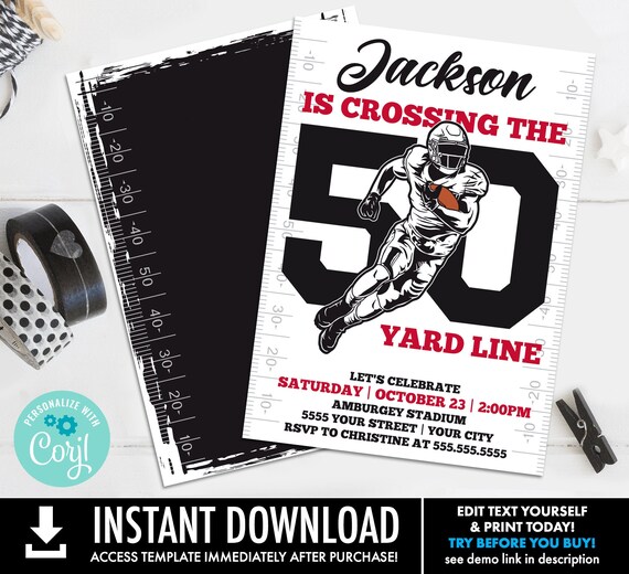 50th Football Party Invitation - Crossing the 50 Yard Line,50th Birthday,Tailgate Invite | Self-Edit with CORJL - INSTANT DOWNLOAD Printable