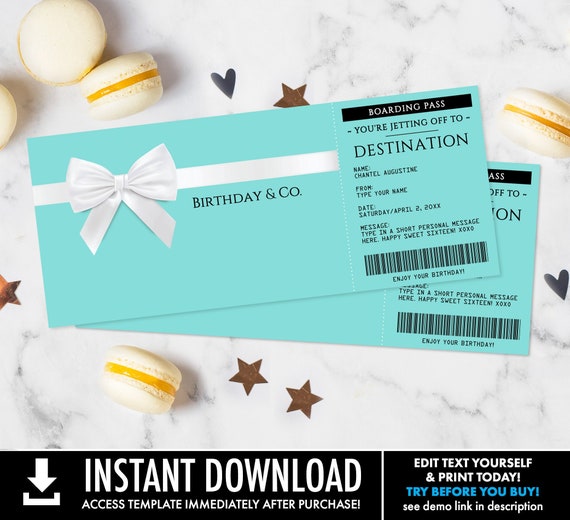 Turquoise Boarding Pass Gift Voucher - Plane Ticket, Printable Certificate, Surprise Flight | Edit with CORJL - INSTANT DOWNLOAD Printable