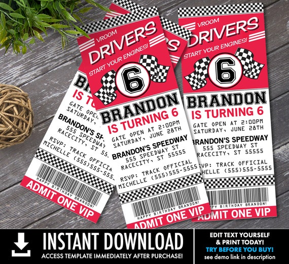 Cars Ticket Invitation - Cars Party, Race Car Party, Cars Invite, Ticket Invite | Self-Edit with CORJL - INSTANT DOWNLOAD Printable Template