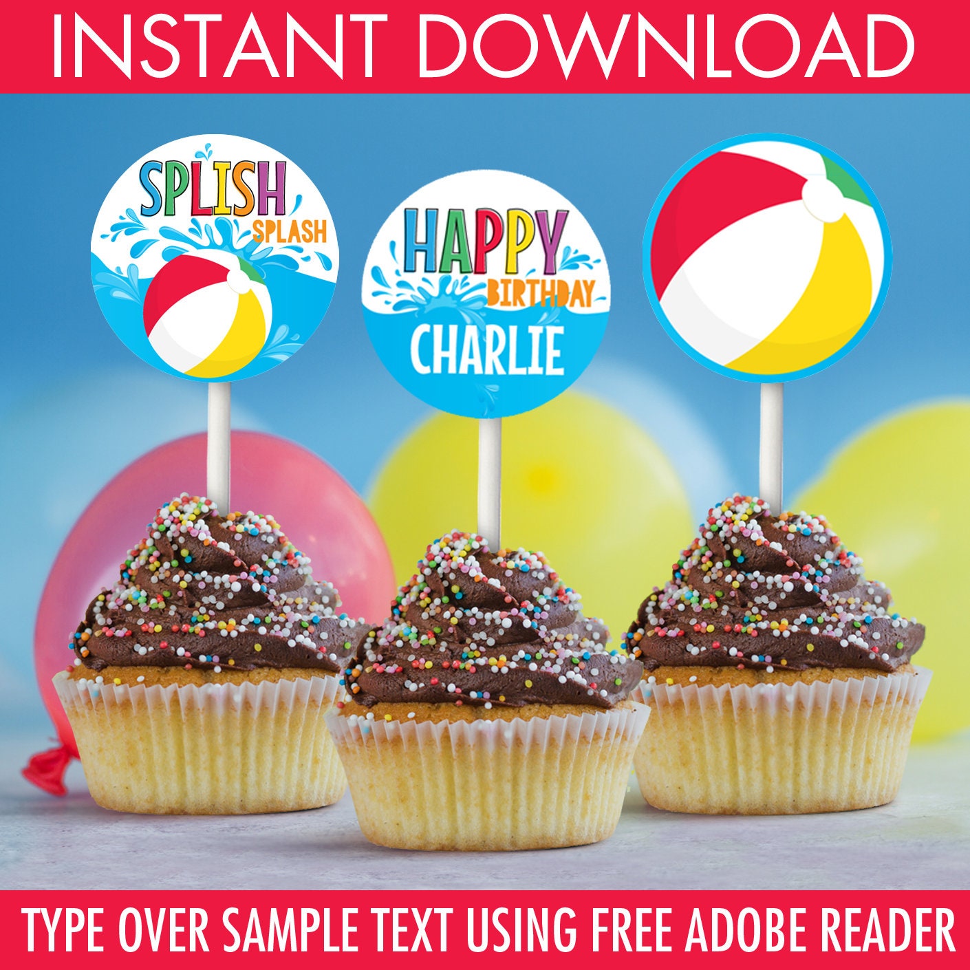 Pool Party Cupcake Toppers 2 Circle Tag Pool Theme Etsy