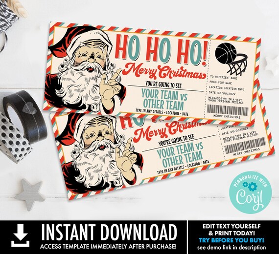 Christmas Basketball Ticket Gift Certificate, Basketball Game Ticket Gift Voucher,Santa | Self-Edit with CORJL-INSTANT DOWNLOAD Printable