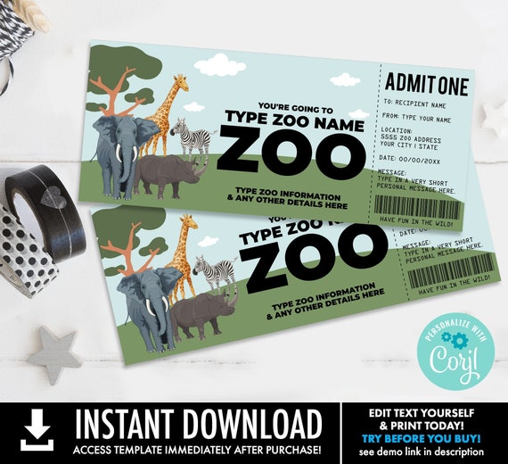 Zoo Gift Certificate, Wild Animal Park Surprise Gift Voucher | You Personalize with CORJL - INSTANT DOWNLOAD Printable Template