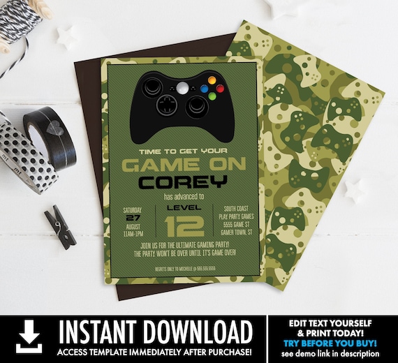 Video Game Birthday Party Invitation - Gamer Party Invite,Game Truck,Green Camo | Self-Edit with CORJL - INSTANT DOWNLOAD Printable Template