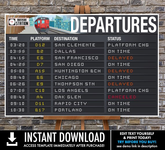 Train Party Poster - 24"X36" Departure Sign, Train Terminal Sign, Train Decor | Self-Edit with CORJL - INSTANT Download Printable Il_570xn