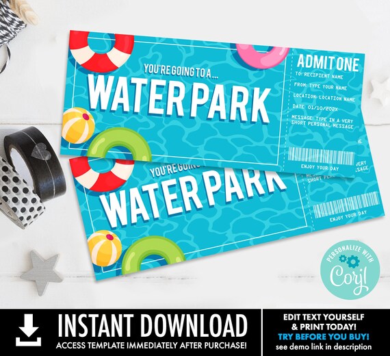 Water Park Gift Certificate, Water Park Surprise Gift Voucher | You Personalize with CORJL - INSTANT DOWNLOAD Printable Template