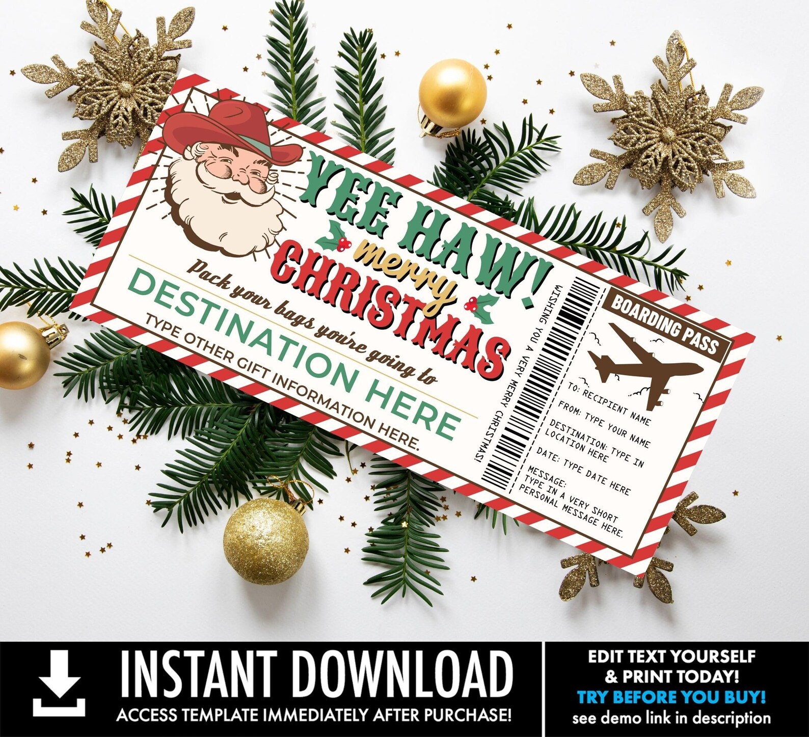 Christmas Boarding Pass Gift Certificate, Vacation Gift Voucher, Plane ...