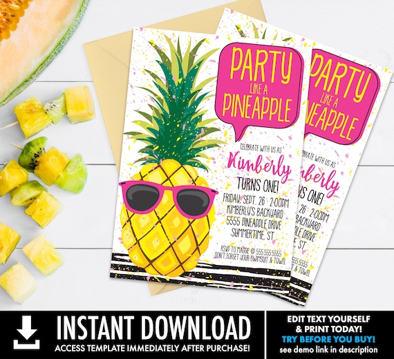 Pineapple Party Invitation - Pineapple Birthday, Party Like a Pineapple,Hawaiian,Luau | Self-Editing with CORJL - INSTANT DOWNLOAD Printable