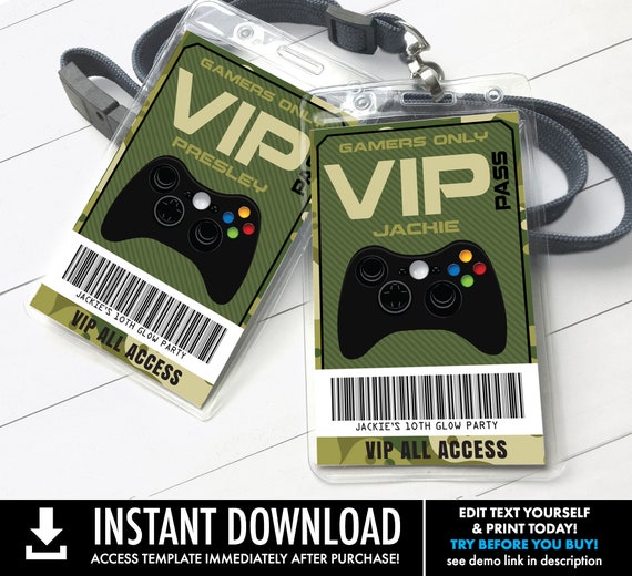 Video Game Badges - ID Badge, Video Game Birthday, Video Game Truck, Camo | Self-Edit with CORJL - INSTANT Download Printable