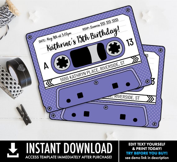 Cassette Tape Invitation - Retro Party,80s Party Invitation,Mixtape Invite,Purple  | Self-Edit with CORJL INSTANT DOWNLOAD Printable Template by  SimplyEverydayMe | Catch My Party