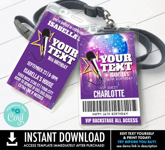 Rock Star/Pop Star "YOUR TEXT" VIP Badge Invite,Backstage Pass,Party like a Pop Star,All Access | Self-Edit Corjl Instant Download Printable