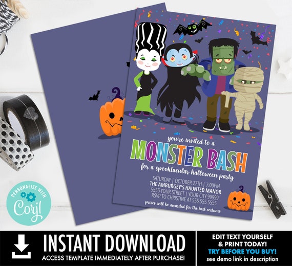 Monster Bash Halloween Invitation, Monster Mash Party, Halloween Party, Costume Party | Self-Edit with CORJL - INSTANT DOWNLOAD Printable