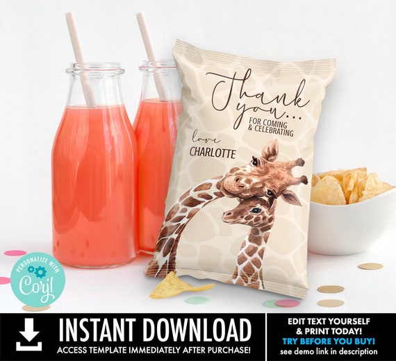 Giraffe Baby Shower Chip Bag Wrapper, Wild Animal,Safari, Zoo Chip Bag Favor | You Personalize using CORJL–INSTANT Download Printable