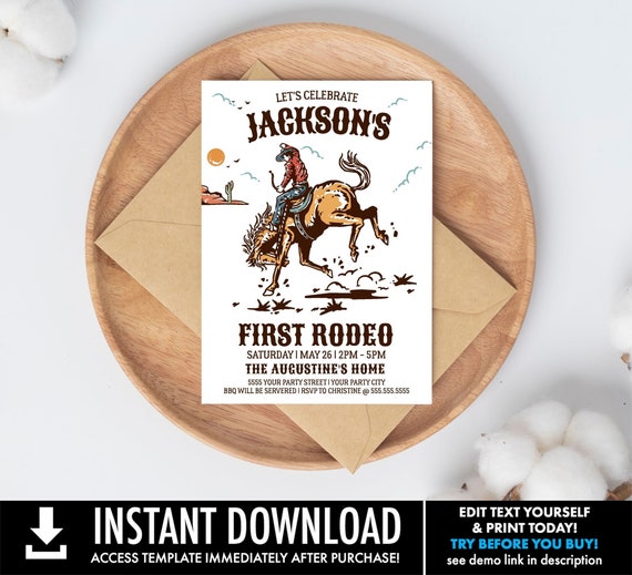 My First Rodeo Party Invitation, Cowboy Birthday, Western Rodeo Invite | Personalize using CORJL - INSTANT DOWNLOAD Printable Template