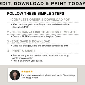 Puede incluir: Un fondo blanco con texto negro que describe los pasos para editar, descargar e imprimir una plantilla digital. El texto dice: "EDIT, DOWNLOAD & PRINT TODAY" y "FOLLOW THESE SIMPLE STEPS". Los pasos est&aacute;n numerados del 1 al 4. El texto tambi&eacute;n incluye una calificaci&oacute;n de 5 estrellas y el texto: "Si tiene alguna pregunta, env&iacute;eme un mensaje de Etsy - Estoy encantado de ayudarle."
