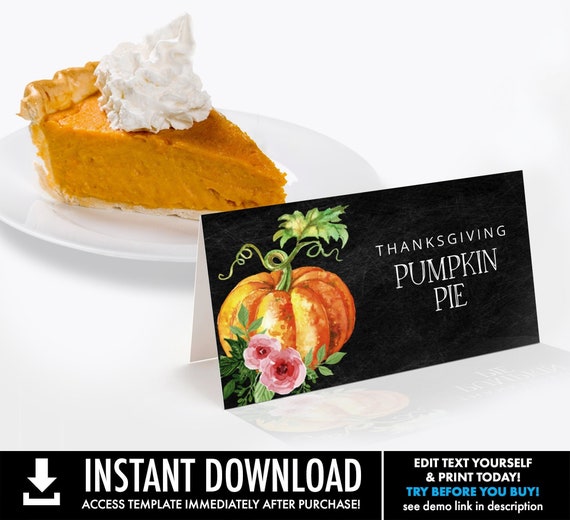 Pumpkin Thanksgiving Dinner Food Labels,Place Cards,Table Tent |  Self-Editing with CORJL - INSTANT DOWNLOAD Printable