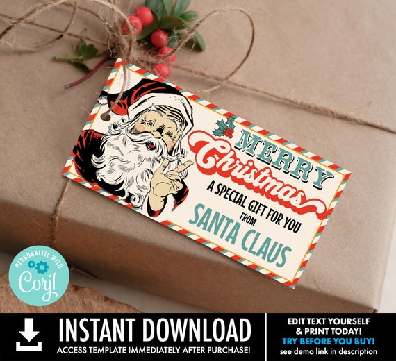 Retro Santa Gift Tag,Gift From Santa,Christmas Gift Tag,Homemade Treat Tag,Special Delivery |Self-Edit with CORJL-INSTANT Download Printable