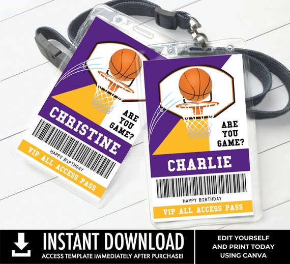 Basketball All Star Badges, Basketball Birthday, Basketball VIP Pass Lanyard Template | Personalize using CANVA - INSTANT Download Printable