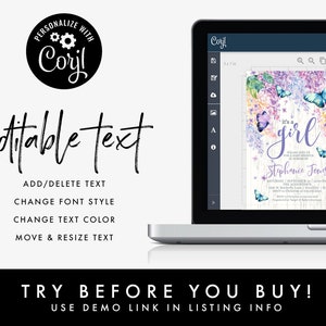May include: A laptop screen shows a baby shower invitation design. The invitation features a floral and butterfly design with the text "It's a girl." The design includes editable text options. The image also includes the text "Try before you buy!"