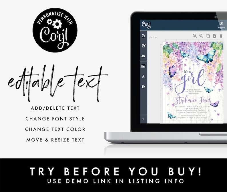 May include: A laptop screen shows a baby shower invitation design. The invitation features a floral and butterfly design with the text "It's a girl." The design includes editable text options. The image also includes the text "Try before you buy!"