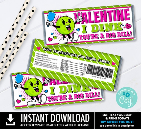 Valentine Pickleball Candy Bar Label/Wrapper, Pickleball Valentine, Valentine Party | Personalize using CORJL-INSTANT DOWNLOAD Printable