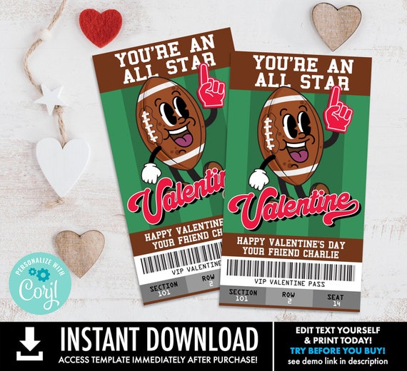 Football Valentine, Retro Football Kids Class Valentine, School Valentine | Self-Edit with CORJL - INSTANT Download Printable