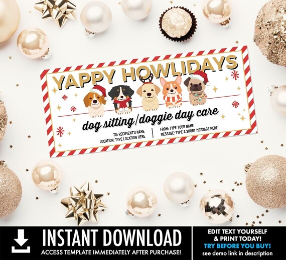Dog Voucher or Give As Any Christmas Gift, Yappy Howlidays Dog Gift Coupon, Printable Last Minute Gift | Edit using CORJL-INSTANT Download
