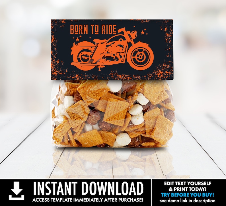 May include: Printable favor bag label with a black background and orange motorcycle graphic. The text "Born to Ride" is printed in white on the label.