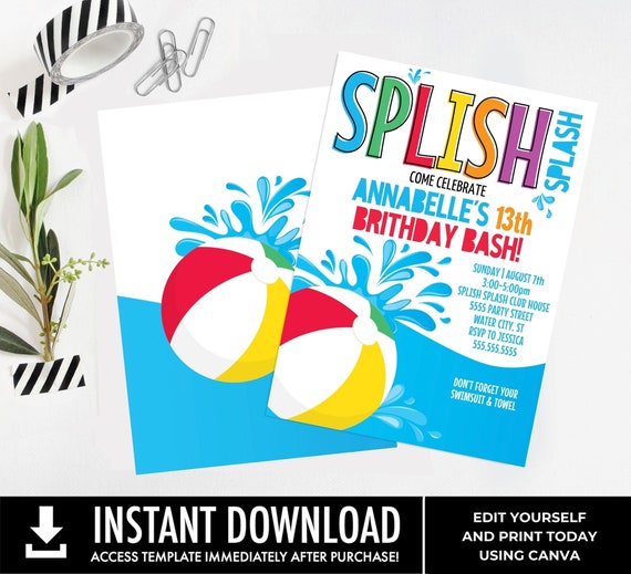Pool Party Invitation - Slip n' Slide Party, Beach Party, Summer Birthday | Edit with CANVA - INSTANT DOWNLOAD Printable Template