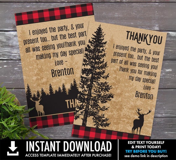 Lumberjack Party Thank You Card - Lumberjack & Jill Thank You, Birthday, Buffalo Plaid | Edit with CORJL–INSTANT Download Printable Template