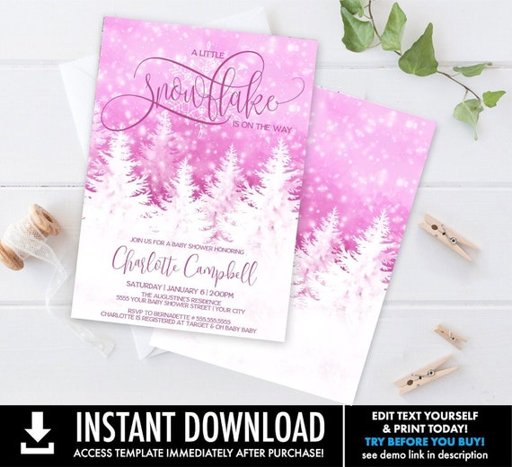 A Little Snowflake Is On The Way Baby Shower Invitation, Christmas Winter Shower |  Self-Editing with CORJL - INSTANT DOWNLOAD Printable