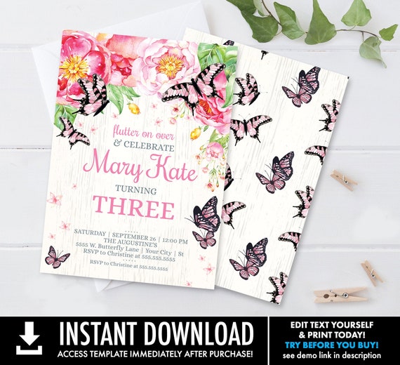 Butterfly Party Invitation - Butterflies & Flowers Invitation, Spring, Garden Party | Self-Editing with CORJL - INSTANT DOWNLOAD Printable Il_570xn