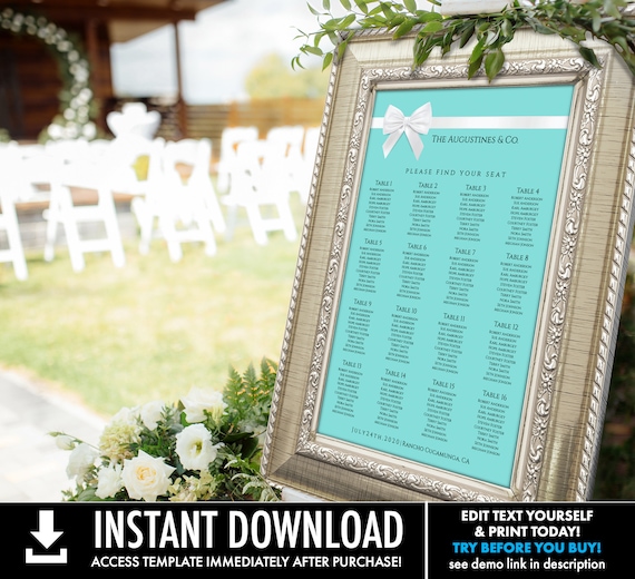 Seating Chart, Turquoise, Table Seating Chart, Birthday or Shower | Self-Edit with CORJL - INSTANT DOWNLOAD Printable