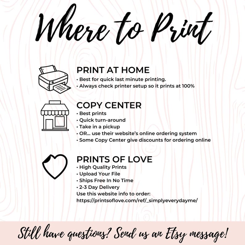 May include: A graphic with the text "Where to Print" and three options for printing: Print at Home, Copy Center, and Prints of Love. Each option has a corresponding icon and a list of bullet points describing the benefits of each option.