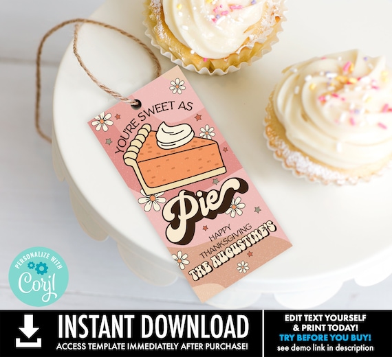 Retro Thanksgiving Favor Tag - You're as Sweet as Pumpkin Pie, Gift Tag, Pumpkin Pie Tag | Self-Edit with CORJL - INSTANT Download Printable