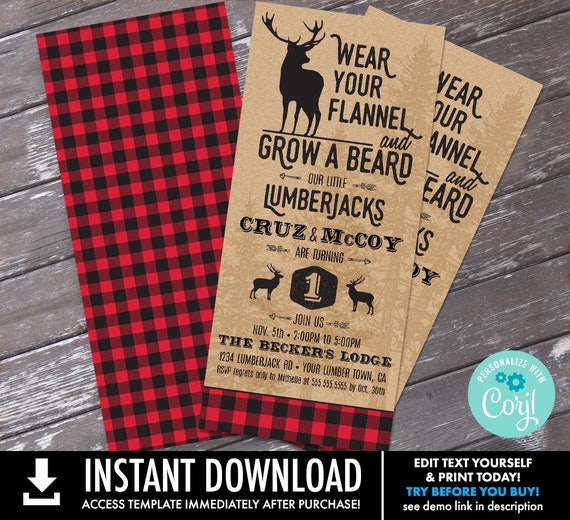 TWINS Lumberjack Invitation - Lumberjack Birthday Party,  Buffalo Plaid Invite | Self-Editing with CORJL - INSTANT Download Printable