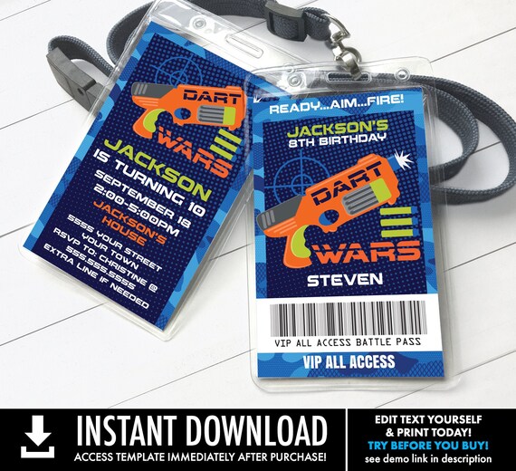 Dart Wars Invitation I.D. Badge - Dart Wars VIP Badge,Target Party,Birthday Party | Self-Edit with CORJL INSTANT Download Printable Template Il_570xn