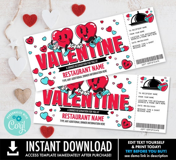 Valentine Dinner Gift Certificate, Restaurant Gift Card, Night Out, Meal Delivery | Personalize using CORJL-INSTANT DOWNLOAD Printable