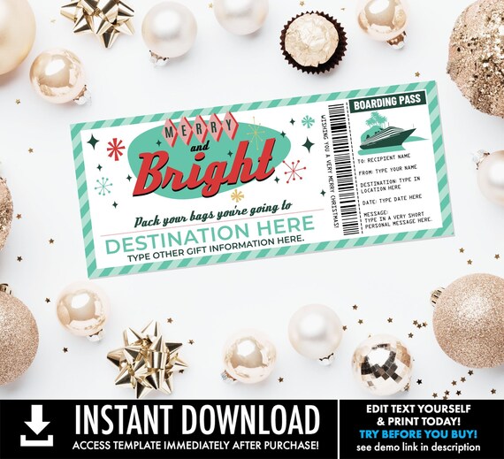 Christmas Cruise Boarding Pass Gift Certificate, Vacation Gift Voucher, Cruise Ticket Gift | You Personalize using CORJL-INSTANT Download